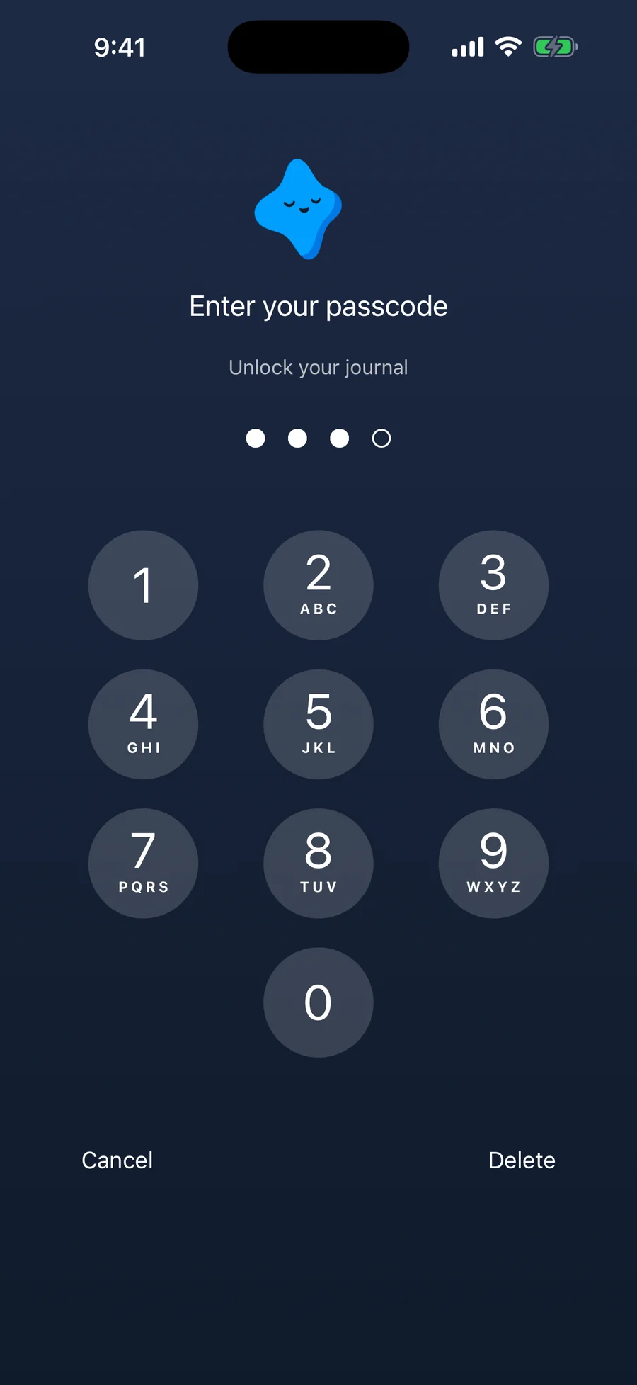 Yumemira's app lock on iPhone: the star with its eyes closed above Enter your passcode and Unlock your journal, three of four dots filled in, and a number keypad.