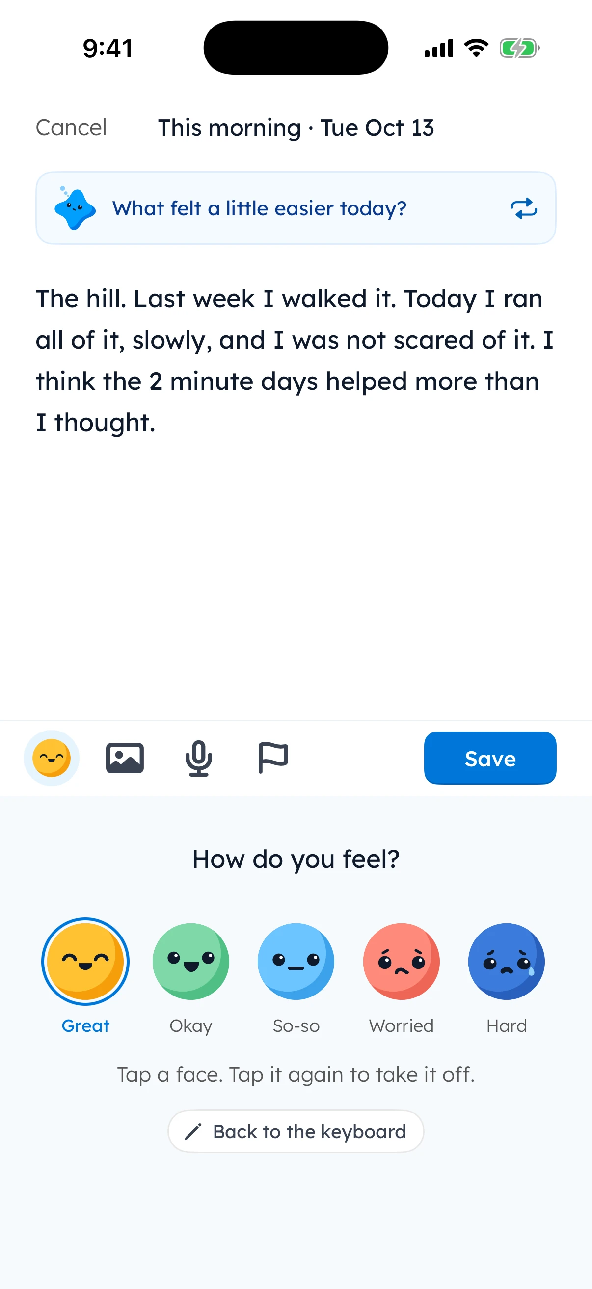 Writing this morning's note in the Yumemira journal on iPhone, Tuesday 13 October: under the question What felt a little easier today?, Maya writes that last week she walked the hill and today she ran all of it, slowly. Below, How do you feel? with Great picked from five faces.