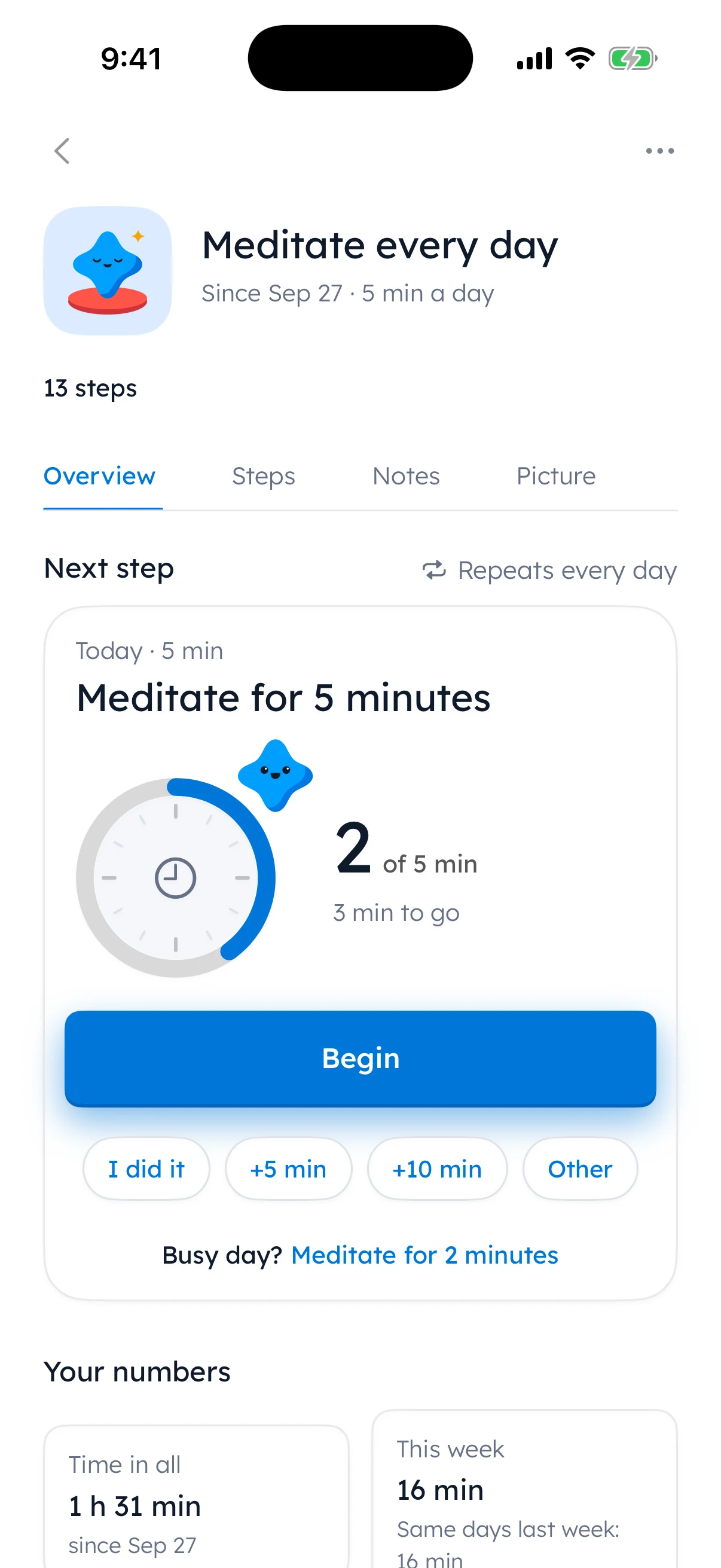 Maya’s Meditate every day goal: 2 of 5 minutes today, with a button to start the timer