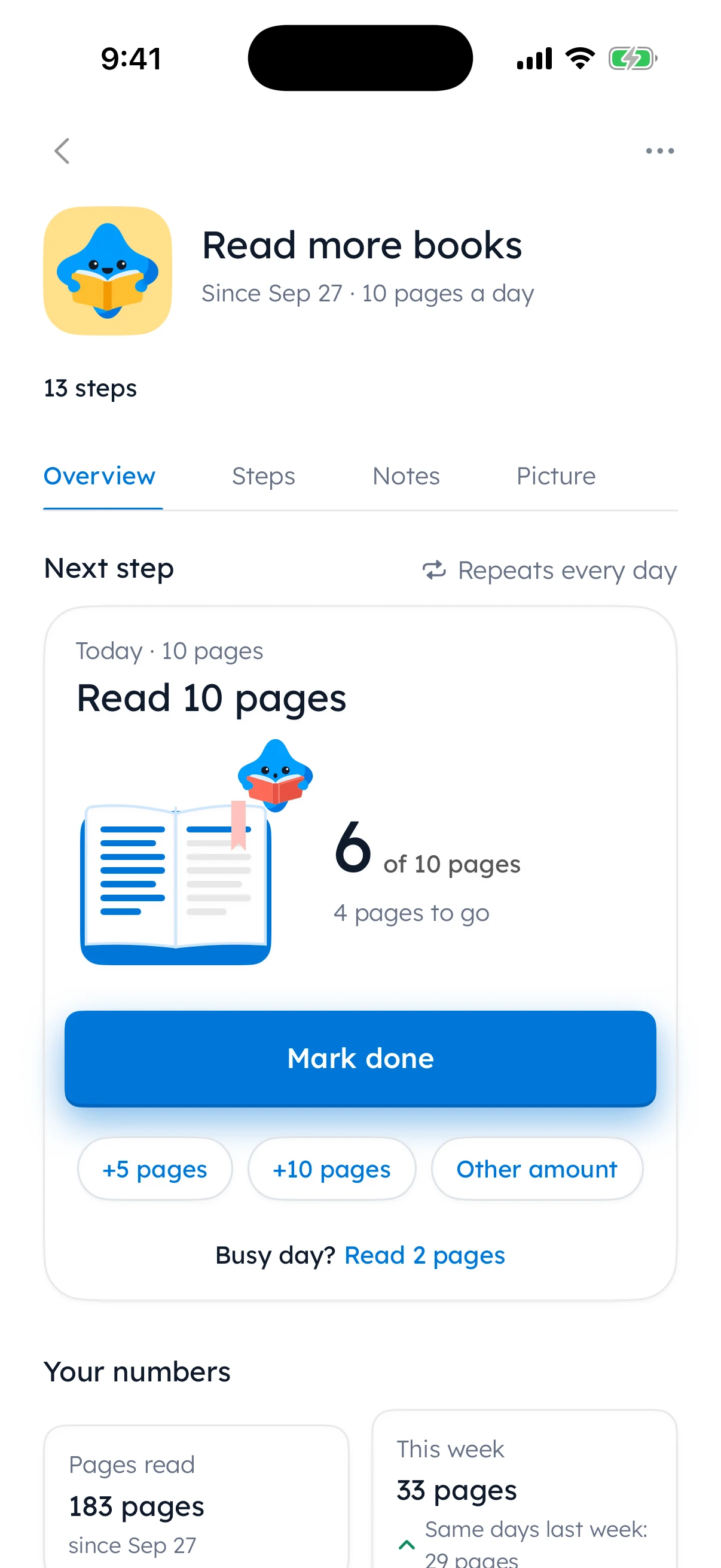 Maya’s Read more books goal: 6 of 10 pages today, 4 to go, and 183 pages read so far
