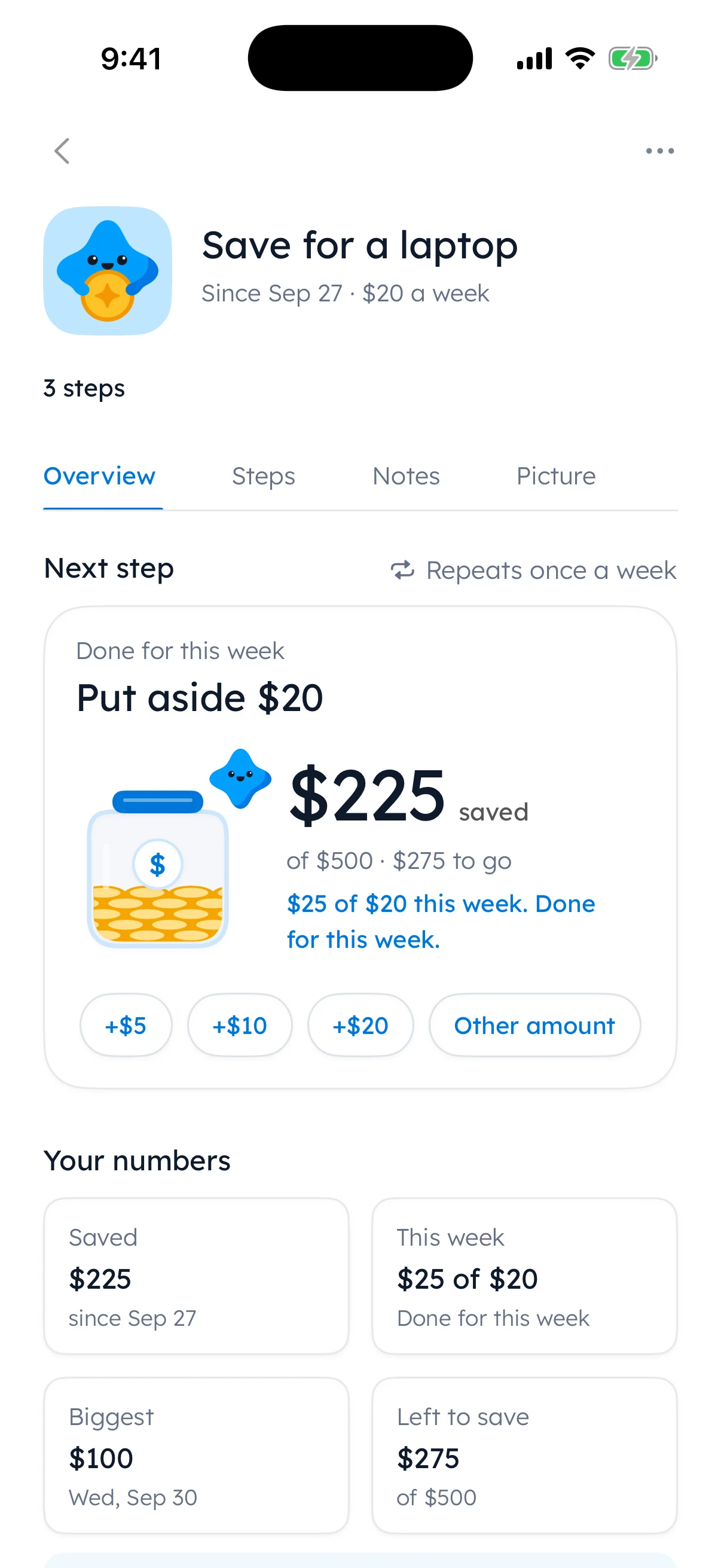 Maya’s Save for a laptop goal: $225 saved of $500, at $20 a week