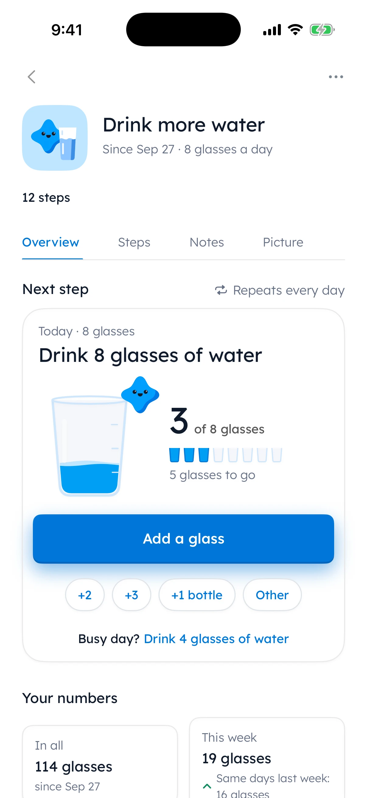 Maya’s Drink more water goal in Yumemira: 3 of 8 glasses today, 5 to go, with Add a glass