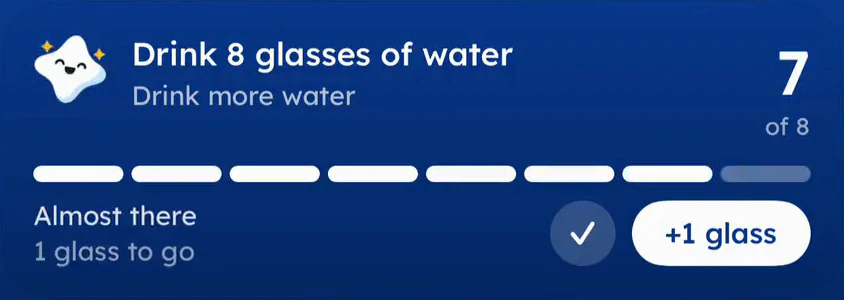 Yumemira's Live Activity on the iPhone Lock Screen at 7 of 8: Almost there, 1 glass to go, with a Done tick and +1 glass