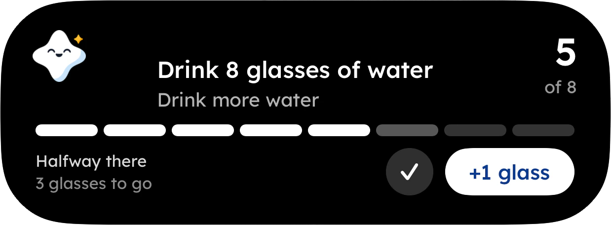 Yumemira in the iPhone Dynamic Island: Drink 8 glasses of water, 5 of 8, Halfway there, 3 glasses to go, with a Done tick and +1 glass
