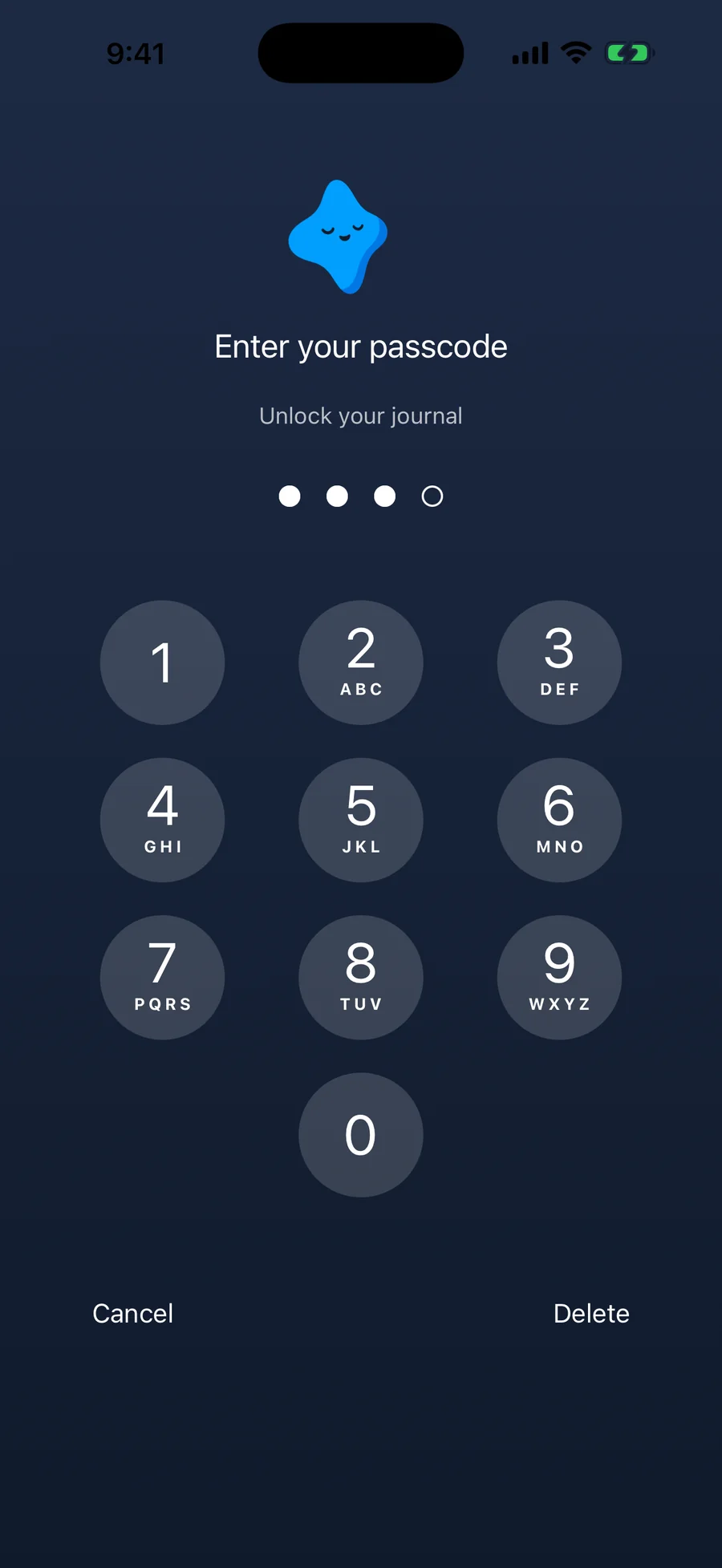 Yumemira's app lock, a Pro feature: Enter your passcode, Unlock your journal, with three of four digits in and the star above the keypad