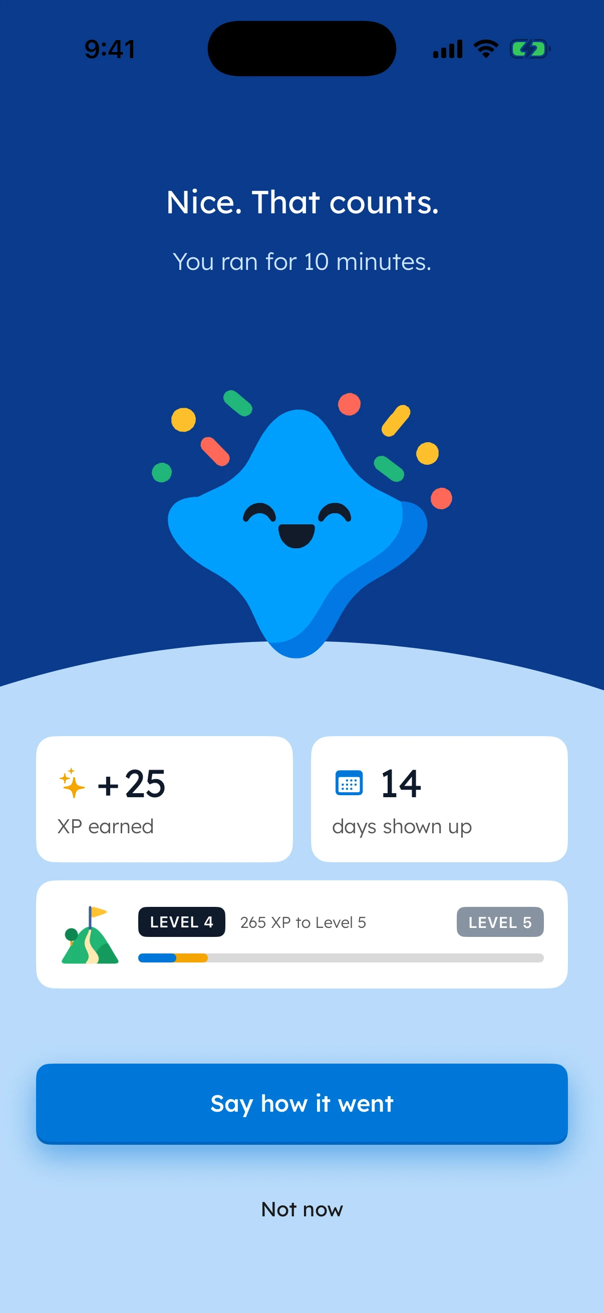 Yumemira's step-done screen: Nice. That counts. You ran for 10 minutes. +25 XP earned, 14 days shown up, and the level 4 bar with 265 XP to level 5.