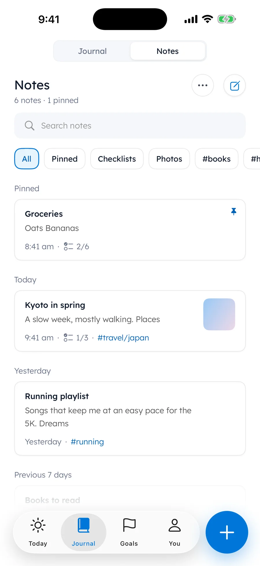Maya's Notes in Yumemira: 6 notes, 1 pinned, filters for Checklists, Photos and #books, a pinned Groceries checklist at 2 of 6, Kyoto in spring with a photo and #travel/japan, and a Running playlist tagged #running