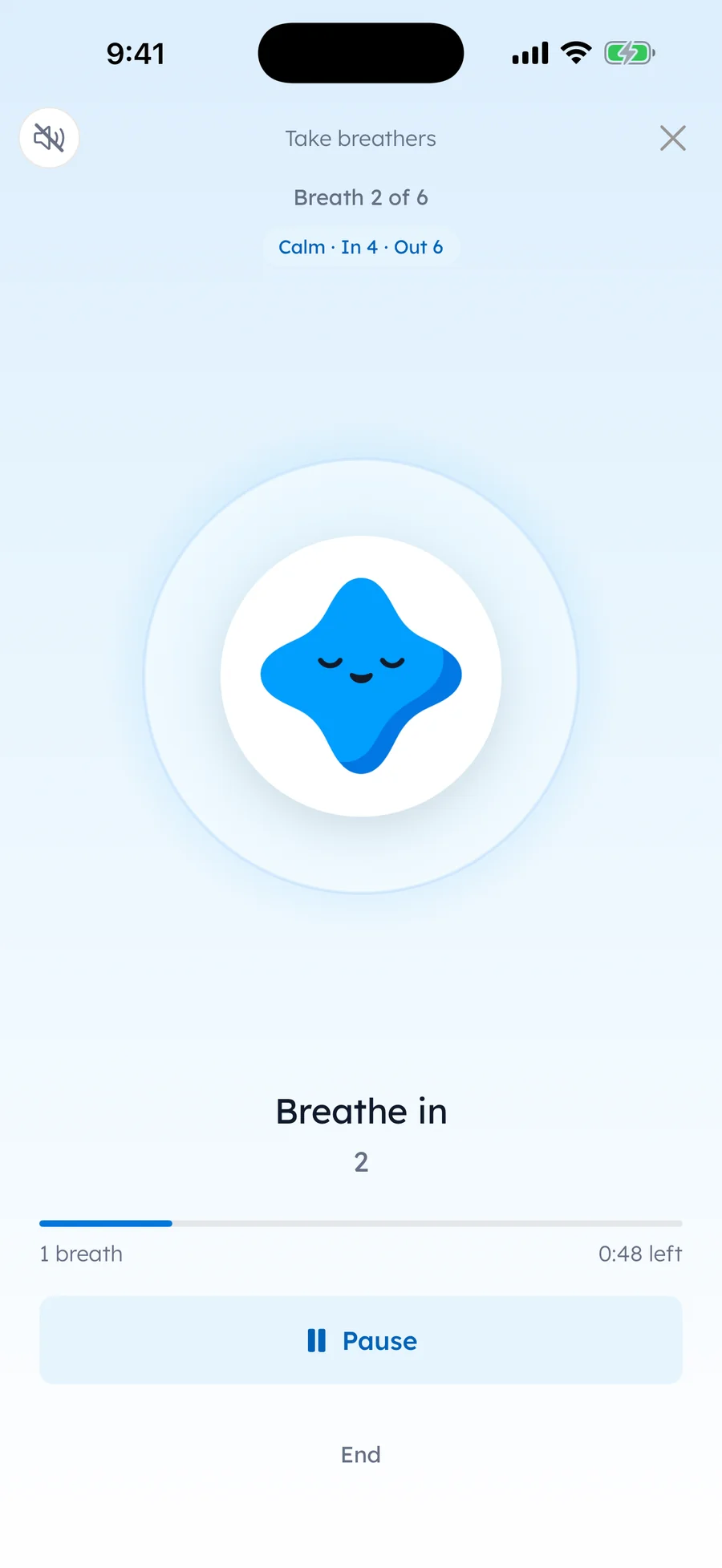 A Take breathers session in Yumemira, the Calm way (in 4, out 6): Mira rests in a soft circle with her eyes closed, Breathe in, breath 2 of 6, 0:48 left, with Pause and End.