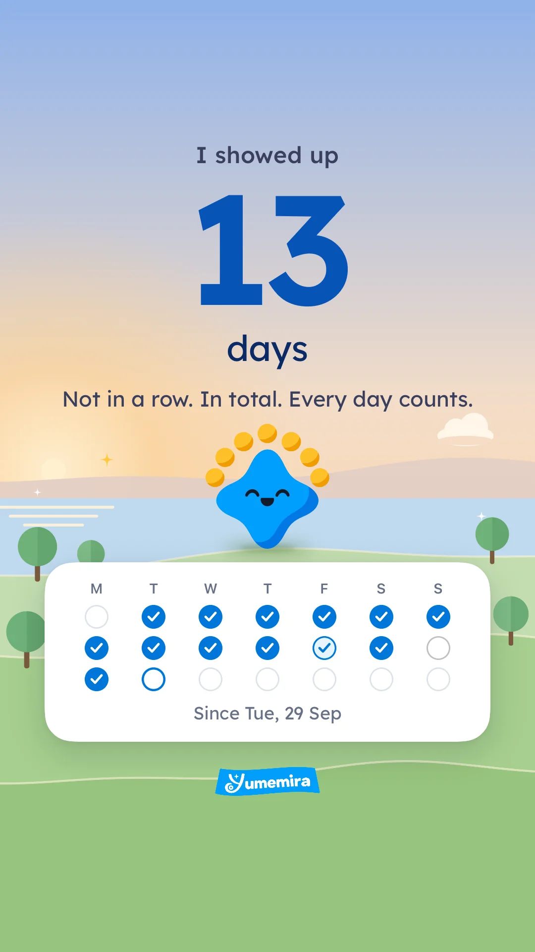A Story card made in Yumemira: I showed up 13 days. Not in a row. In total. Every day counts. Since Tue, 29 Sep.
